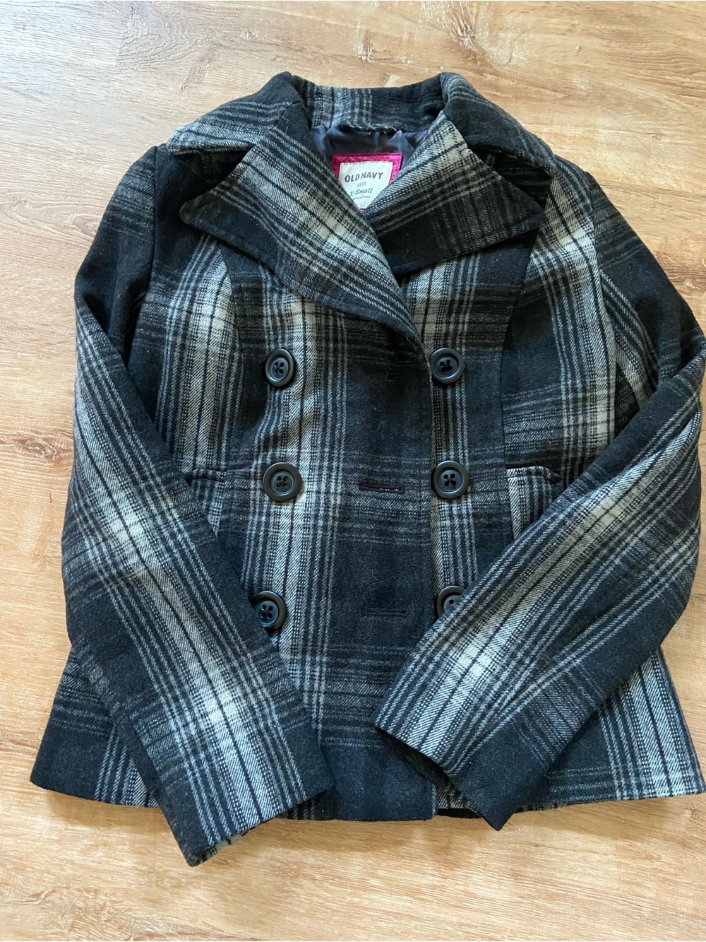 Old Navy Black and Gray Plaid Double-Breasted Peacoat